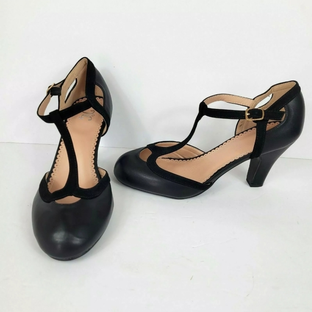 JC Womens High Heels Black Pumps T Strap Buckle and Faux Leather Accents 8.5